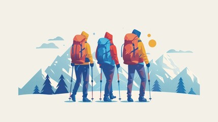 Fototapeta premium Three people are standing in a snowy mountain landscape