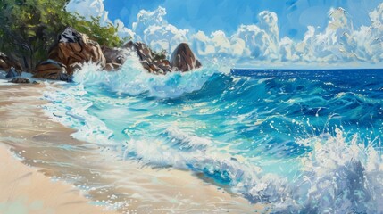 An artistic rendering of an ocean scene with waves dramatically crashing onto a sunlit beach, blue skies, and rocky outcrops, epitomizing nature's raw beauty and energy.