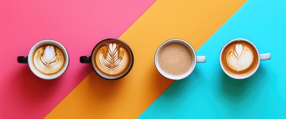 4 coffees in cups against a vibrant backdrop. Each cup brims with aromatic delight, adding zest to any setting! ☕🎨