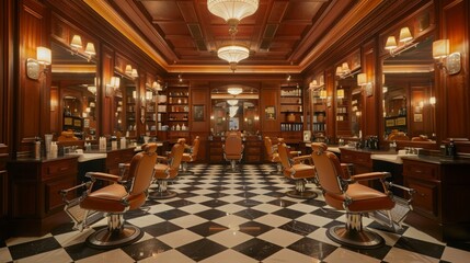 A traditional barber shop with leather chairs, wood paneling, and a checkered floor. The shop is empty, ready for customers.