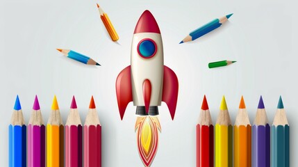 An artful depiction of a rocket taking off, surrounded by colorful pencils in motion, creating a dynamic and vibrant representation of creativity and artistic innovation.