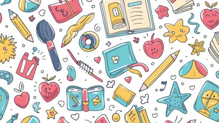 This image features a seamless pattern of various school supplies scattered on a white background, including books, pencils, and whimsical shapes, suggesting a creative learning atmosphere.