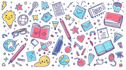 This image depicts a doodle-style representation of various school supplies intertwined with abstract shapes and icons, creating a dynamic and engaging design focused on education and creativity.