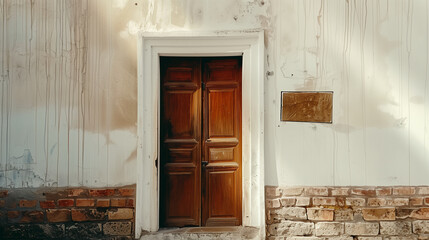 Minimalist door on a white background, with brown varnish paint. The design embodies simplicity, harmony, and serene elegance.