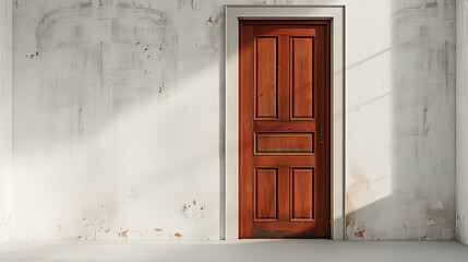 Minimalist door on a white background, with brown varnish paint. The design embodies simplicity, harmony, and serene elegance.