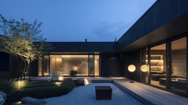gular suburban modern home with an all-black exterior and a hidden courtyard illuminated by designer lamps