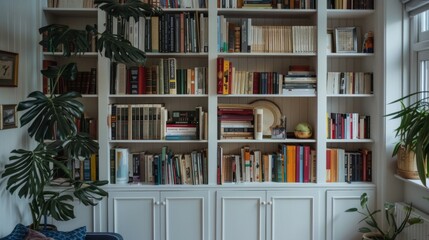 A modern library featuring shelves filled with diverse books and lush green plants, illuminated by natural light, creating a peaceful and inviting reading space for book lovers.