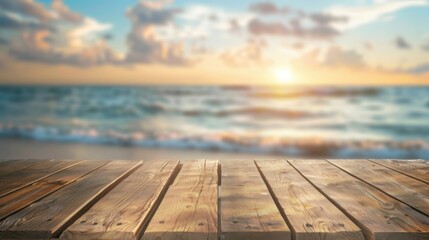 Fototapeta premium An empty wooden pier extending towards the ocean with a breathtaking sunset in the background, creating a serene and contemplative atmosphere perfect for relaxation.