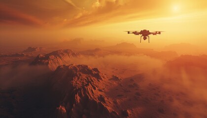 Drone explores Mars surface, capturing otherworldly landscape, creating futuristic scene of space exploration on the red planet. 🚀🔴