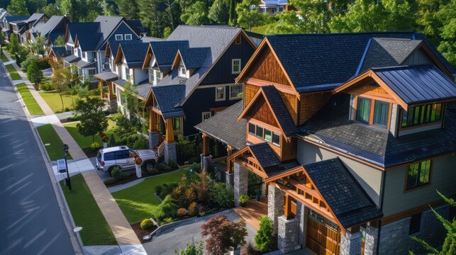 birda??s eye view of a Craftsman neighborhood with homes featuring distinct wood and stone architectural details