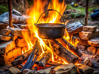 kettle on fire, cooking, campfire, pot, kettle, camping, cauldron, camp, cook, wood, hot, firewood, bonfire, heat, nature