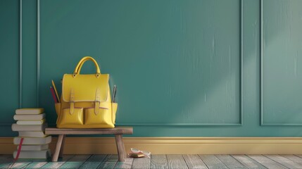 A yellow backpack sits on a small bench surrounded by books and school supplies, against a teal wall, creating a picture of preparation and academic focus.
