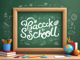 Back to school greeting in green 3D chalk board Doodle Style, Back to school text template design 