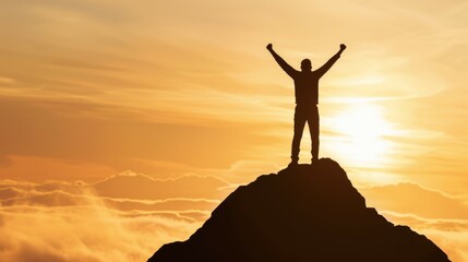 A man is standing on top of a mountain, with the sun setting behind him