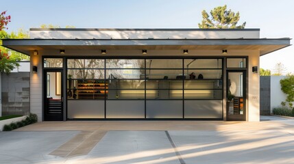 contemporary suburban garage with sleek, glass doors and organized storage solutions for a minimalist look