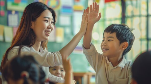 A smiling teacher high-fives a young student in a cheerful classroom, highlighting encouragement, success, and the importance of positive reinforcement in education.
