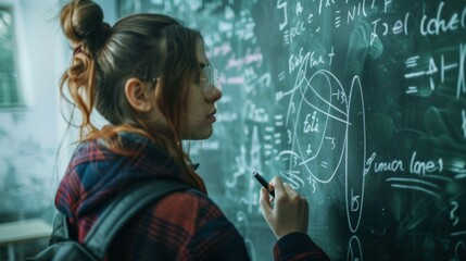 A woman writes and solves equations on a chalkboard in a classroom, representing education, problem-solving, and intellectual engagement. Ideal for academic themes.