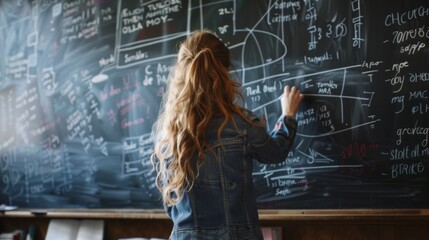 A girl writes complex mathematical equations on a blackboard in school, emphasizing learning, creativity, and academic exploration. A great image for education concepts.
