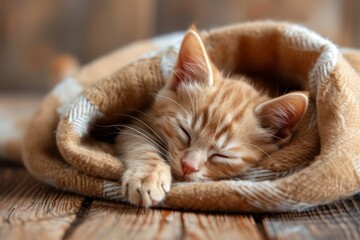 Cute ginger kitten peacefully napping on a soft blanket atop a charming wooden floor