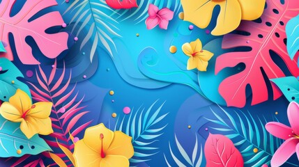A colorful array of tropical foliage and flowers layered together, creating a vibrant and lush scene that exudes the lively energy and beauty of a tropical paradise.