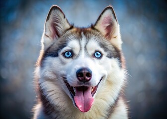 Obraz premium Adorable Siberian husky with bright blue eyes and fluffy white fur smiles widely, tongue lolling out, conveying joy and playfulness in a comedic pose.