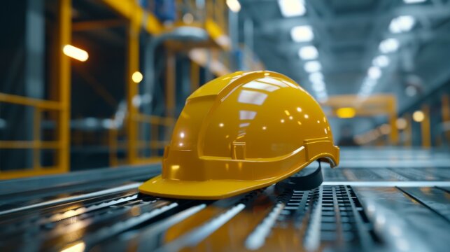 A yellow hardhat resting on a metallic surface inside an industrial zone, symbolizing the critical role of safety equipment in protecting workers within hazardous work environments.