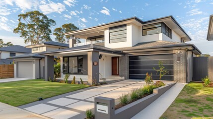 Fototapeta premium contemporary suburban home with a focus on security, featuring integrated smart security systems and minimalistic design