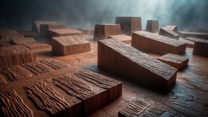 A surreal abstract landscape featuring geometric wooden blocks with textured surfaces, set against a misty, atmospheric background.

