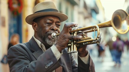 Obraz premium An elderly man, wearing a hat and a suit jacket, skillfully plays his trumpet in a street setting, capturing the essence of street art and live musical performances.