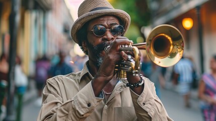 A trumpet player wearing glasses and a straw hat, performing energetically in an urban outdoor setting amidst people and buildings, encapsulating street music culture.