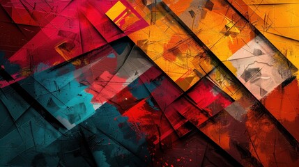 A colorful abstract painting with red, blue, and yellow colors