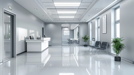 Spacious, modern hospital reception area with white walls, seating, plants, and large windows providing natural light.