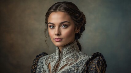 Portrait of an elegant woman wearing a vintage Victorian dress, looking poised and confident, with a textured background.
