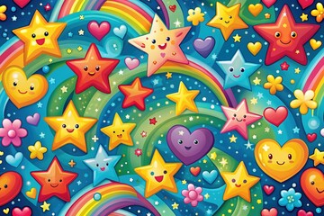 Fototapeta premium Vibrant stars, hearts, and rainbows swirl together in a whimsical pattern, bursting with bright colors and adorable facial expressions, evoking a joyful and carefree atmosphere.
