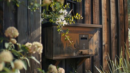 A wooden mailbox with a metal door is mounted on a rustic wooden wall.