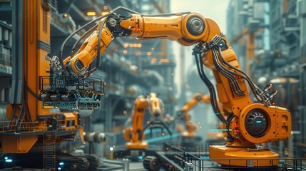 A robot is lifting a piece of machinery in a factory