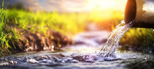 A pipe is pouring water into a stream, sewer concept