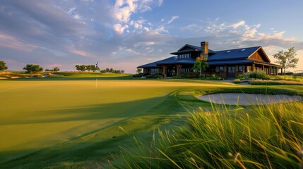 Obraz premium Craftsman-style clubhouse at the edge of a golf course with panoramic views of the fairways