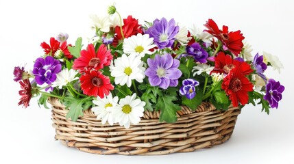 Red white and violet flowers in a basket on a white background