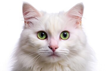 Adorable white feline with bright green eyes and fluffy whiskers gazes directly at the camera with an inquisitive and playful expression, isolated on white background.