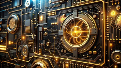 Fototapeta premium Futuristic digital interface with golden accents and sleek black design, featuring holographic displays, circuits, and neon lights, evoking a sense of advanced cybernetic technology.