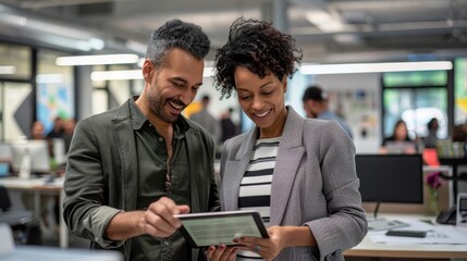 The colleagues collaborating on tablet