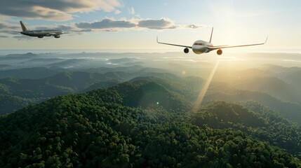 Fototapeta premium Two airplanes flying over forest with the sun shining on the mountains