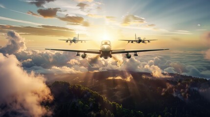 Fototapeta premium Three airplanes flying in the sky with the sun shining on them