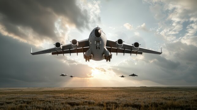 A large jet is flying through a field with a few other planes in the background