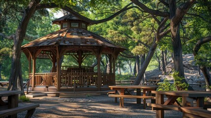 Craftsman-style gazebo in a public park, surrounded by mature trees and rustic wooden benches