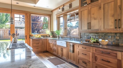 Fototapeta premium Craftsman-style kitchen with wooden cabinets, a stone countertop, and a large window above the sink overlooking the backyard
