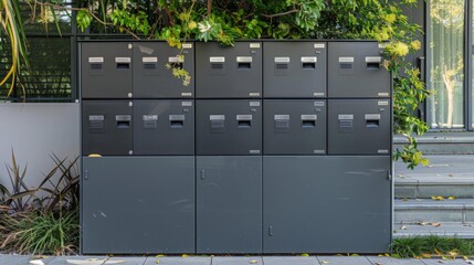A row of gray mailboxes is situated against a building with a lush green plant growing in front of them. The mailboxes are arranged in a three by three grid with a single, large mailbox below them.