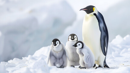 Fototapeta premium Adorable group of Emperor Penguin chicks huddled together in the snowy freezing Arctic landscape The fluffy cute baby penguins are sheltered and cared for by their parents as they survive the harsh