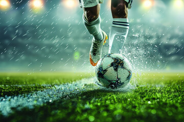 Naklejka premium Close-up of a soccer player's foot about to kick a ball in a stadium, with dramatic lighting and a focus on the action..